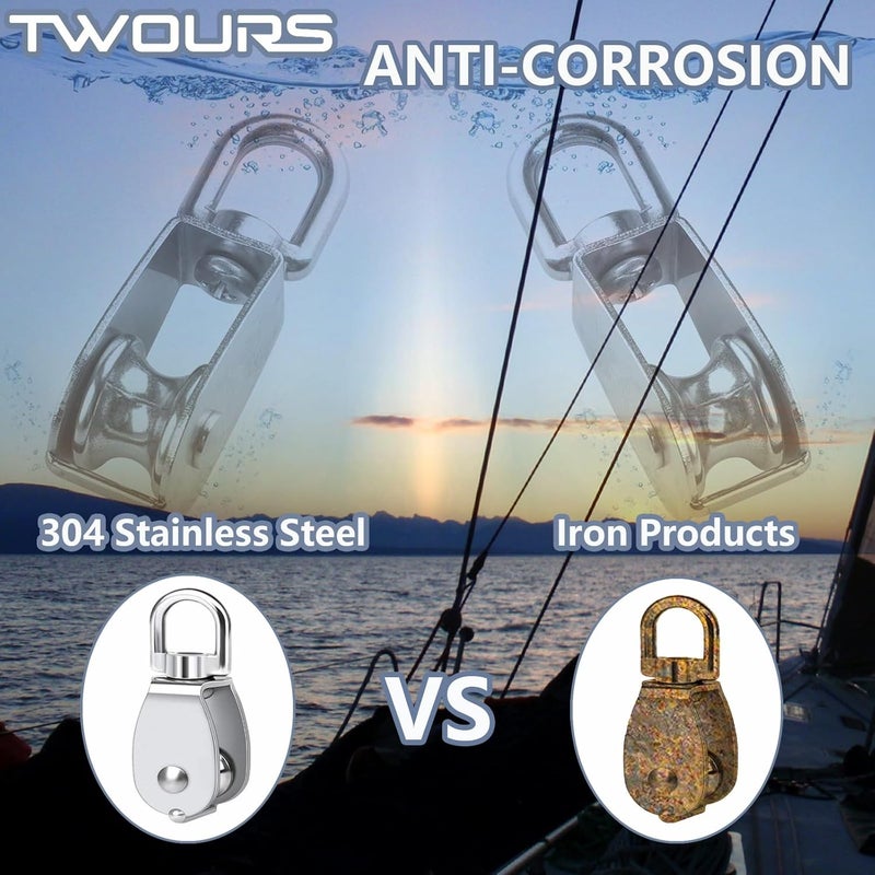 Twours Pulley 304 Stainless Steel Single Pulley Block M32 Small Heavy Duty Swivel Bearing Pulley System for Rigging, Lifting, Cargo Transportation,Gym Equipment (M32 2PCS) - Image 4